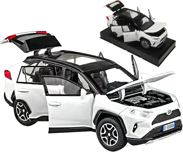Model Car 1/32 RAV4 Alloy Diecast with Light and Sound, Collectible Toy Vehicle for Boys Kids Gift (White)