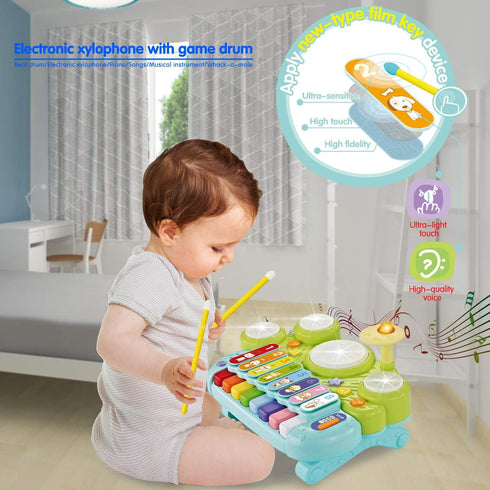 Fisca 3 in 1 Musical Instruments Toys - Electronic Piano Keyboard Xylophone Drum Set for Baby & Toddler