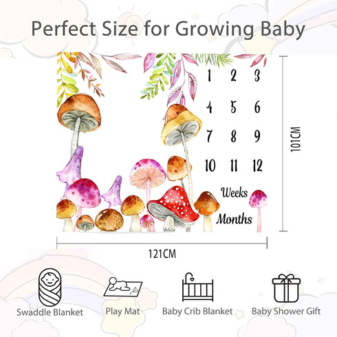 Mushroom Theme Baby Monthly Milestone Blanket, 48x40in Soft Flannel, Newborn Mom Gifts, Age Growth Tracker