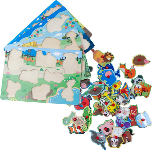 Set 4 (32 1-3, Peg Puzzle of pcs), Wooden Knob Puzzles for Toddlers Ages Farm ZooForest Animals, Pets, Sea Ocean