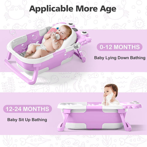 wiqins 0-36 Collapsible Baby Bathtub for Newborns with Thermometer and Soft Floating Cushion Portable and Foldable