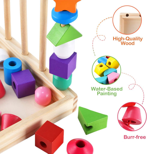 Montessori Bead Sequencing Set for Kids, Wooden Lacing Beads Toys for Toddlers, Educational Gifts for 2-5 Years Old
