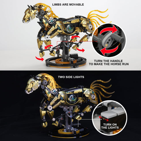 funxinee 12+, Mechanical Horse Building Blocks Linkage Kit, Animal World Model with Lighting & Display Stand, STEM Toy