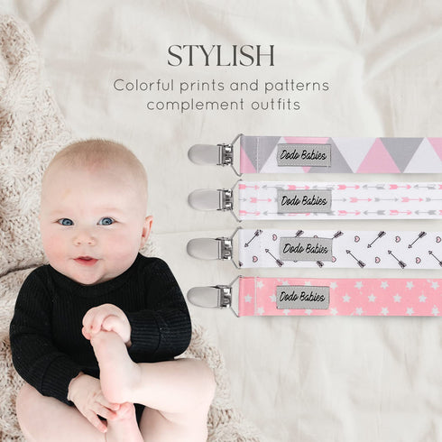 Dodo Babies Pacifier Clip with Case Set, 5-Piece Set, Pink & Gray Prints, Universal Binkie Clip & Holder