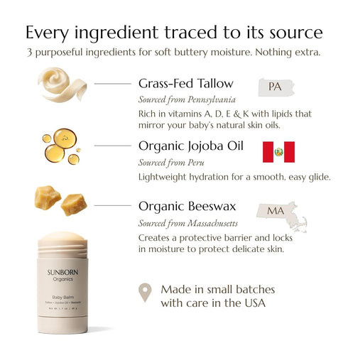 3 Baby Balm | Natural Ingredient Moisturizing Stick for Eczema Relief, Sensitive Skin & Diaper Rash | Grass-Fed Tallow