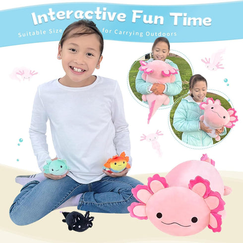 Big Axolotl Plush 24 Inch, Long Stuffed Animal with 3 Baby Axolotl Plushies, 4Pcs Pillow Gifts for Kids