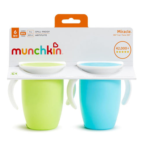 6 360 7 2 Pack, Munchkin Sippy Cup for Month Old and Up, Spill Proof Miracle Toddler Cups with Transition Handles