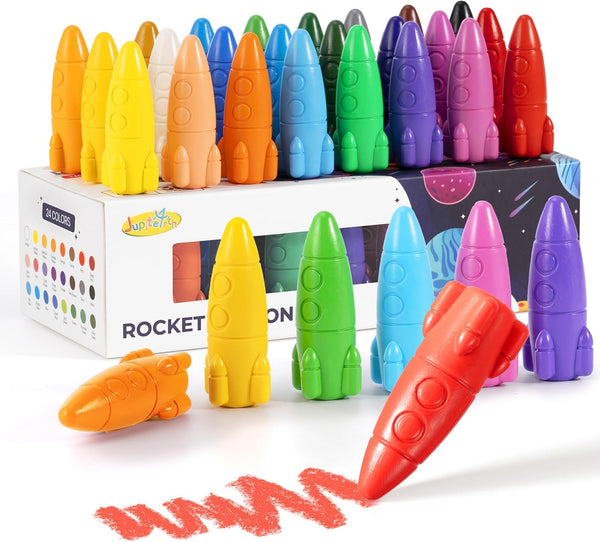 JUPITEARTH 24 Colors Crayons for Toddlers, Non-Toxic Washable Rocket Crayons, Easy-to-Hold Coloring