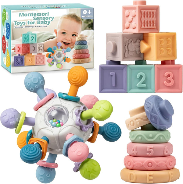 Jyusmile Baby Sensory Teething Toys Set, Montessori Baby Toys 6-12 Months, Rattle Teether & Soft Stacking Rings