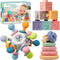 Jyusmile Baby Sensory Teething Toys Set, Montessori Baby Toys 6-12 Months, Rattle Teether & Soft Stacking Rings