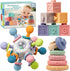 Jyusmile Baby Sensory Teething Toys Set, Montessori Baby Toys 6-12 Months, Rattle Teether & Soft Stacking Rings