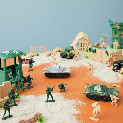 Juvale 100-Piece Army Men Toy Soldiers Playset for Boys – Small Plastic Action Figures, Military Battlefield Fort Accessories, Tanks by Juvale