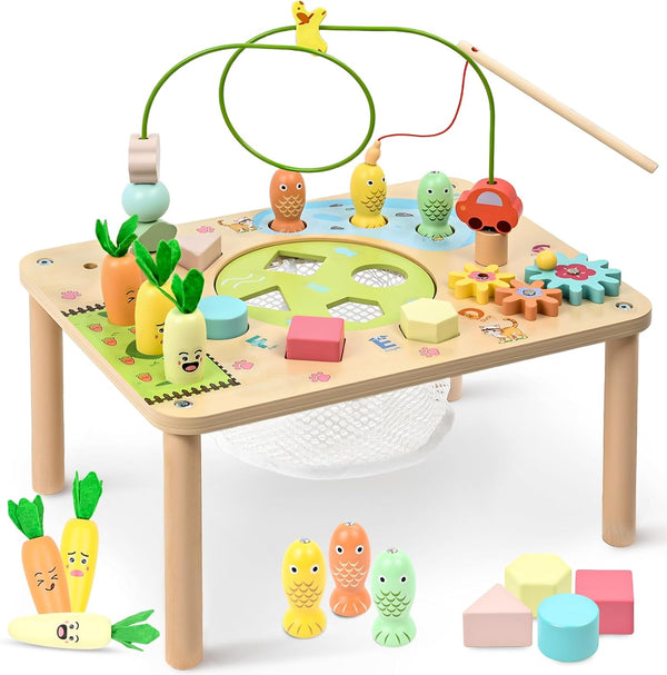 WINGYZ Activity Table, 6 in 1 Wooden Montessori Activity Center with Bead