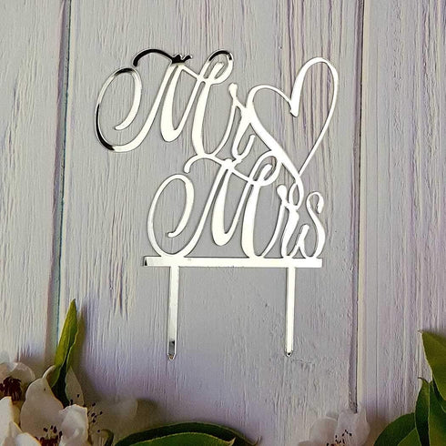 Mr and Mrs Cake Topper, Bride and Groom Sign for Wedding Engagement Cake Decorations (Mirror Silver Acrylic)