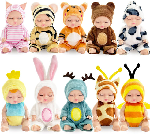 10 Pcs Mini Baby Dolls, 4 Inch Realistic Dolls with Animal Clothes, Cute Small Dolls for Girls Kids Easter Basket Gifts