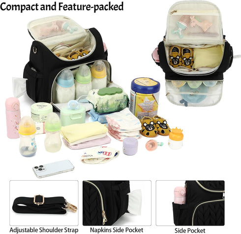 Bevkois Backpack Small Diaper Bag Quilted Mini Baby Crossbody Diaper Bag Tote for Mom and Baby Girls Boys (Black)