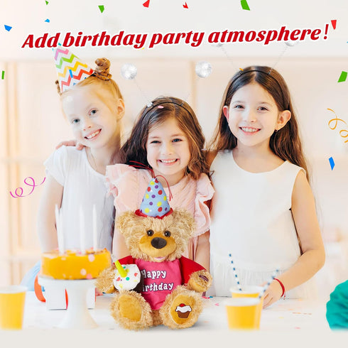Houwsbaby 13.5'' Birthday Teddy Bear Interactive Stuffed Animal Electric Singing Musical Plush Toy with Cupcake for Kids