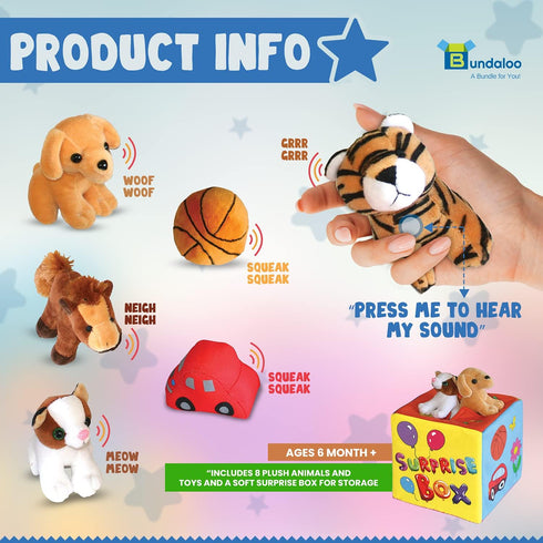 Bundaloo Surprise Box with 8 Plush Toys - Soft Sensory Playset of Stuffed Animals for Babies & Toddlers