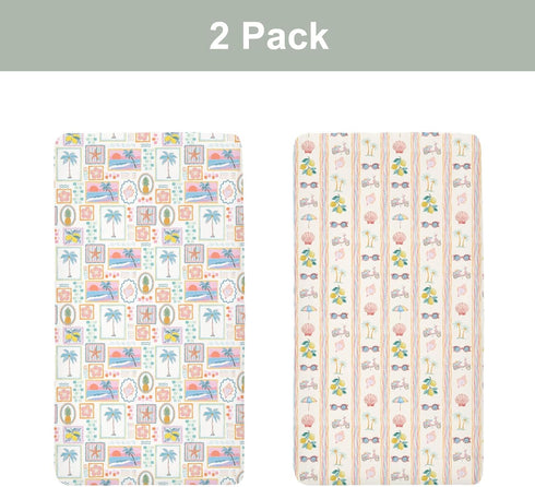 Summer 52x28In 2 Pack Bright Beach Girly Baby Crib Sheets for Girl Tropical Lemon Palm Tree Seashells Soft Snug Fitted