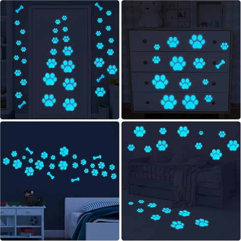 Glow in The Dark Dog Paw Print Stickers, Wall Decals for Pup Dog Room Decor, Removable Animal Footprint Decal (Blue)