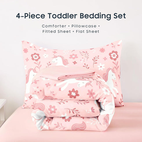 Set 4 Set Wake In Cloud - Toddler Bedding for Girls, Cute Unicorn Floral Botanical, Pieces Soft Crib Bed Including