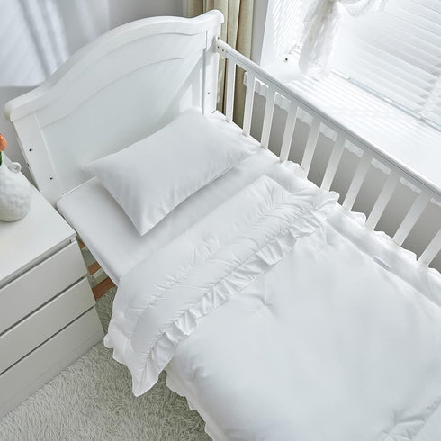 3 Set Pieces Crib Bedding Baby Ruffle Quilted Comforter with Fitted Sheet and Pillowcase - Cute Ruffled Shabby Chic