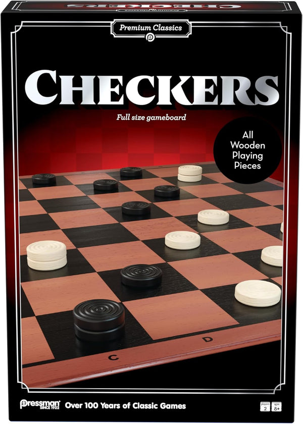 Pressman Premium Classics: Checkers | Full-Size Folding Gameboard with Wooden Playing Pieces