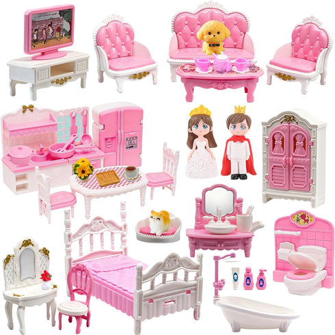VEMBAP 52 Pcs Dollhouse Furniture, Doll House Accessories and Furniture, Kitchen, Bedroom, Living