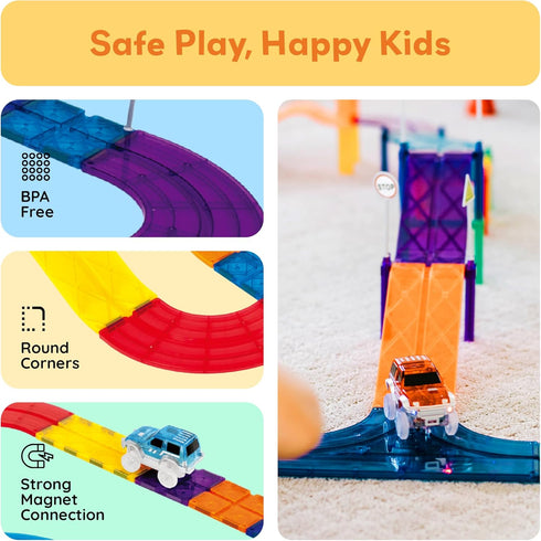 PicassoTiles Magnetic Race Track Toys Set for Toddlers, Includes 2 Trucks, Building Blocks for Kids Age 3+