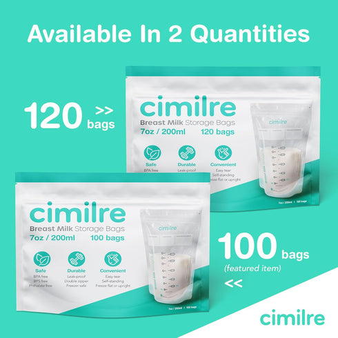 7 oz. (100 Pack) Breast Milk Storage Bags by Cimilre, Leak-Proof Breastmilk Storage Bags, Freeze Flat or Standing, Bags