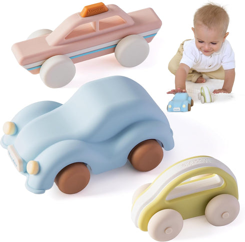 Moonkie Food Grade Silicone Toy Cars for Babies & Toddlers, Push and