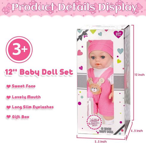 12" Backpack Box,12 Inch 3+ Baby Doll With Bear Pattern Carrier In Gift Realistic Baby Dolls With Clothes