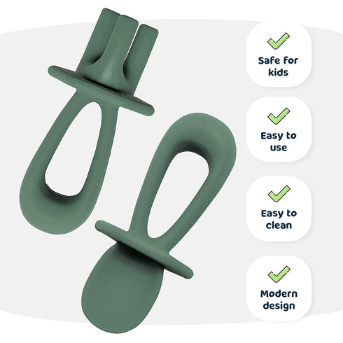 Tiny Twinkle Silicone Training Utensils, Baby Spoons and Forks for Self-Feeding, Baby Led Weaning Supplies (Olive)