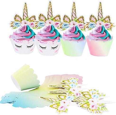 Unicorn Cupcake Toppers and Wrappers - 40 Reversible Rainbow Liners with Cute Decorations for Birthday Party