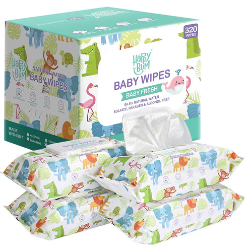 HAPPY BUM Sensitive Water Baby Diaper Wipes, Baby Wipes, Unscented, 4 Flip-top