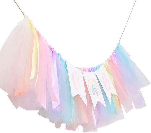 LINLULU 1st Pastel Rainbow High Chair Banner - Tulle & Ribbon Highchair Banner for Birthday Girl, Rainbow Decorations