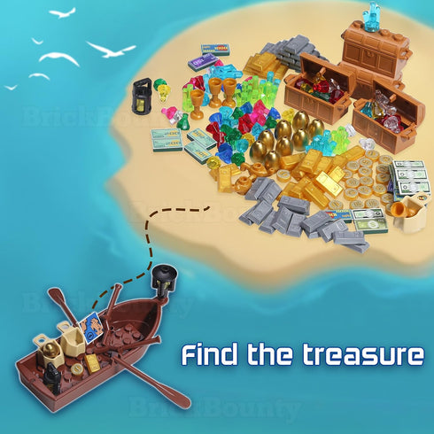 220 Pcs Pirate Treasure Money Parts Building Blocks, Expedition Wooden Boats Treasure-Maps, Cash Chests with Gold