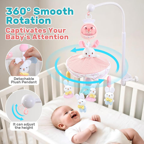 360 Baby Crib Mobile for Girls with Music, Lights & Projection, Adjustable Volume, Rotating Plush Crib Toys