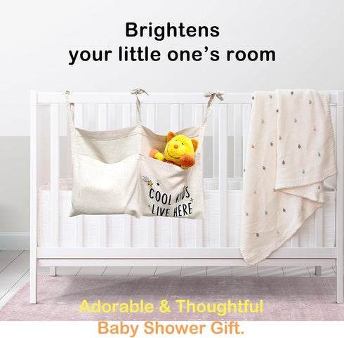 OldFarmBee 2 Cute Linen Baby Crib Hanging Storage Organizer, Pockets Nursery Playpen Cloth Bag with Strap, Minimalist