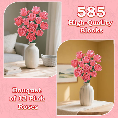 12 Set, Pink Roses Building Block Bouquet Symbol of Love, Admiration & Gratitude Romantic Gift for Wife, Mom, Daughter