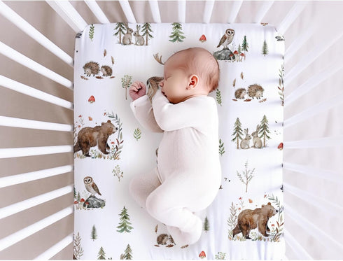Woodland Animals Baby Crib Sheets - Unisex Bear Deer Hedgehog Owl Squirrel Rabbit, Standard Crib Toddler