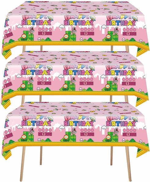3Pcs Super Brothers Adventure Party Tablecloths, 108 x 54 inches, Video Game Theme for Birthday Decoration