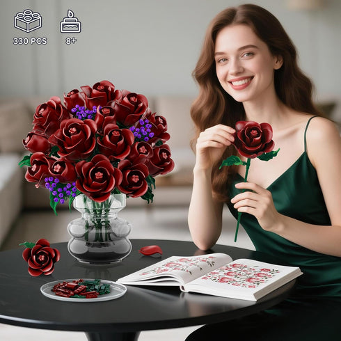 Set 15 330PCS HOGOKIDS Flowers Bouquet Building - Burgundy Roses Mother's Day Gfit for Mom, Deep Red Rose Botanical
