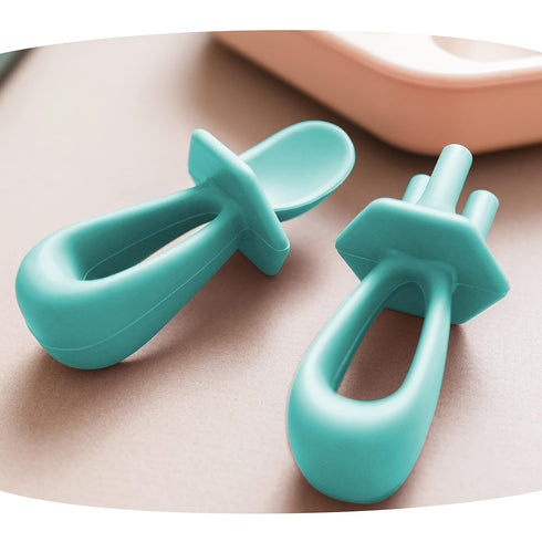 Tiny Twinkle Silicone Training Utensils - Baby Spoons and Forks for Self-Feeding Training, Mint
