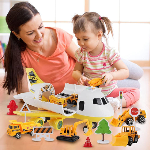 Dwi Dowellin Construction Toy Airplane Set with Play Mat, Excavator, Bulldozer, Mixer, Dumper Truck, Forklift, Crane,