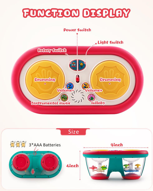 Baby Toys for 6 to 12 Months - Drum Musical Instruments Rotating Light Up Toys for 12-18 Months Kids