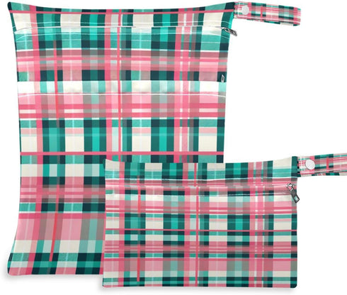 Haskirky Turquoise Pink Tartan 2 Pcs Cloth Diaper Wet Dry Bags,Waterproof and Washable