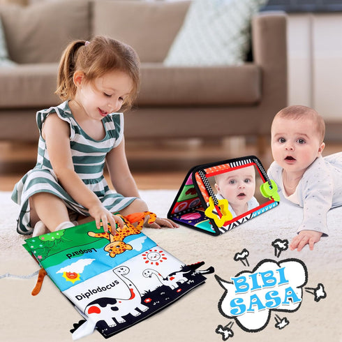 Tummy Time Baby Mirror Toys 0-6 6-12 Months, High Contrast Infant Toys with Crinkle Cloth Book and Teether