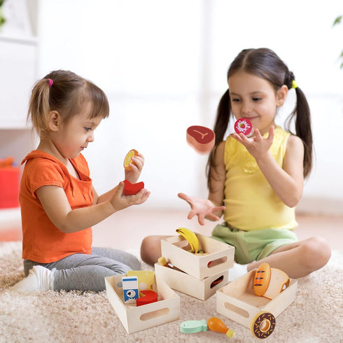 Food Groups Wooden Play Food Sets, Pretend Play Kitchen Toys for Toddlers 1-3, Fake Food Accessories