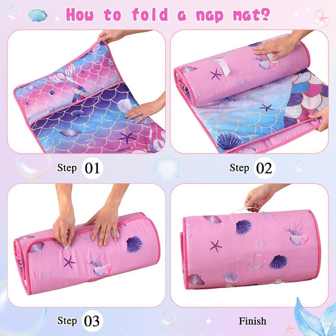 Wowelife Toddler Nap Mat Mermaid with Pillow, Pink Purple Mermaid Sleeping Bag for Girls, Preschool Nap Mats